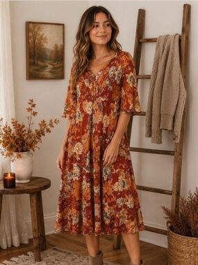 Boho Rust Floral Midi Dress